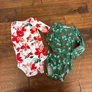 Carter's 18 Month Girls Bodysuits Winter Flowers Floral Lot of 2 Red Green